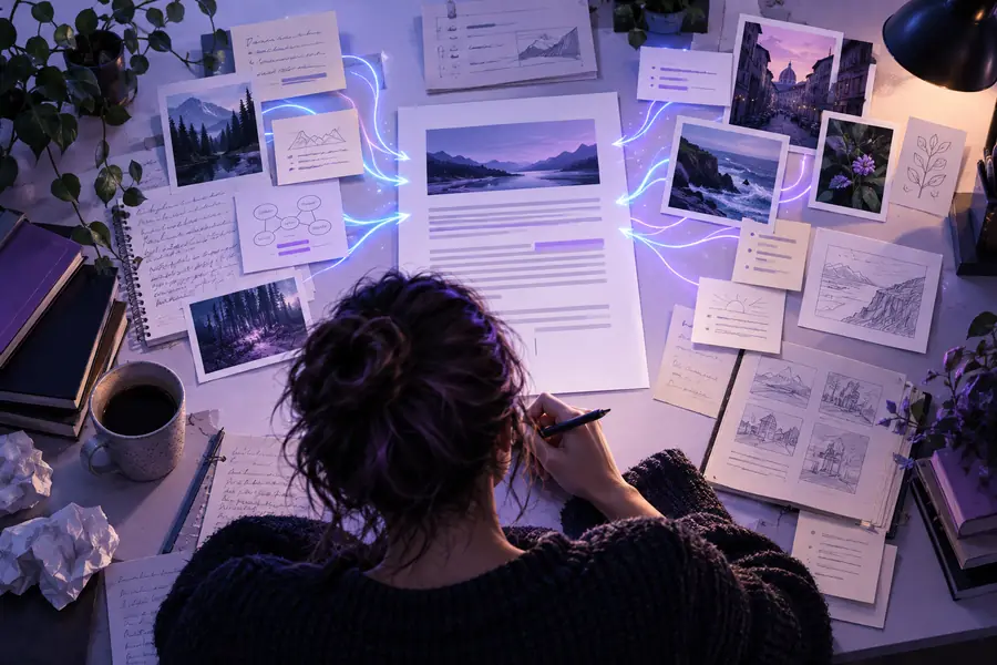 Illustration of a writing workspace with content in progress